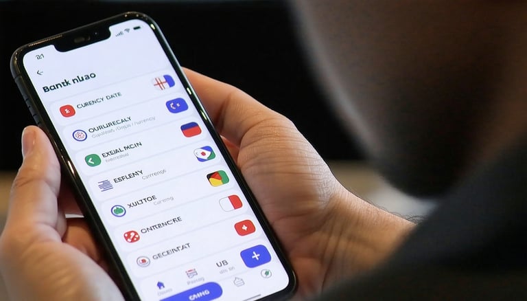 A user interacting with a mobile banking app that displays multiple language options The screen shows culturally adapted elements like local currency-3