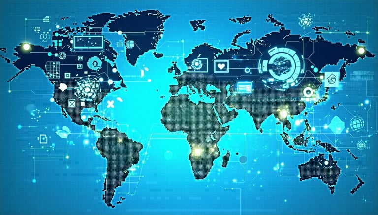 A world map with key regions highlighted overlaid with icons representing media and strategy-1