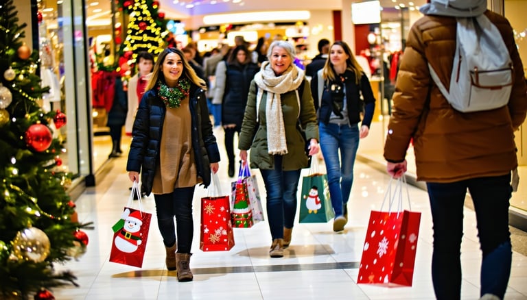 In a bustling shopping environment adorned with festive decorations a vibrant and diverse group of individuals of various ages ethnicities and styles navigate through the aisles their arms laden with colorful shopping bags emblazoned with seasonal mo-3