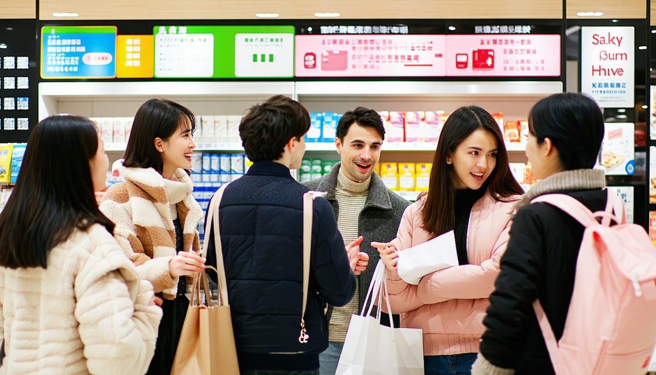 A diverse group of shoppers interacting with multi